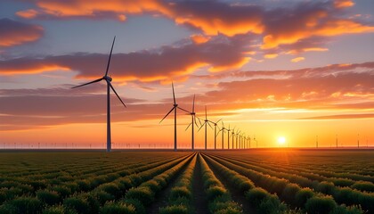 Sunset over a sustainable energy farm featuring wind turbines, emphasizing environmental preservation with Apricot Crush hues for educational and eco-friendly designs