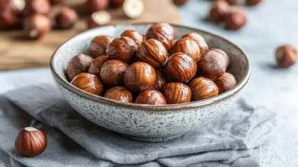 Fototapeta premium A bowl of hazelnut-covered treats sits on a gray napkin. The nuts are arranged for a side view.