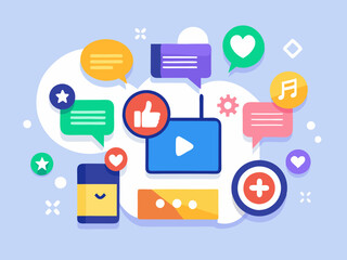 Social media icon, set. Like icon. Share button. Comment sign. Save symbol. App message line illustration in vector flat