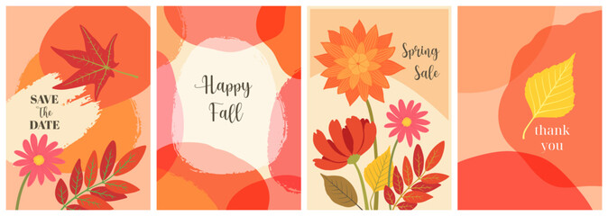 Trendy abstract floral Thanksgiving templates. Fall autumn backgrounds for poster, greeting card, invitation, flyer, cover, banner, brochure and other graphic design. Vector illustration.