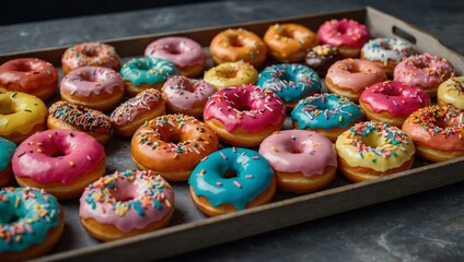Tray of colorful donuts with sprinkles