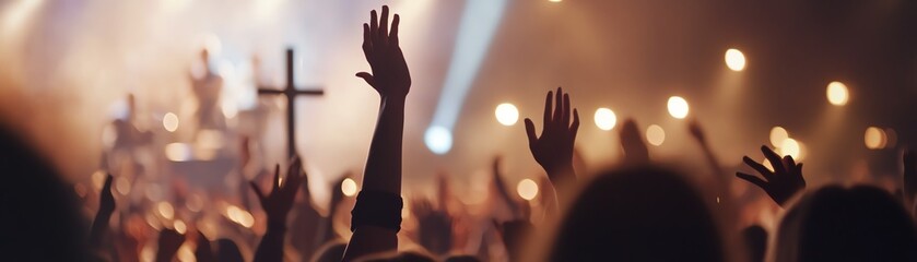 A lively worship session with raised hands in a church setting, illuminated by warm lights and atmospheric background.