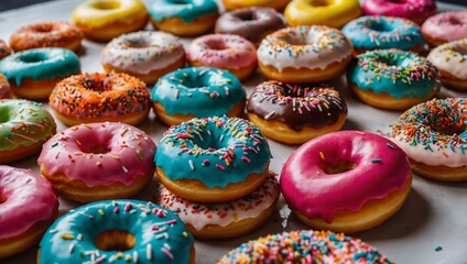 Tray of colorful donuts with sprinkles
