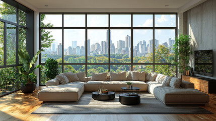 Spacious living room with a city view.