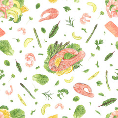 Steamed salmon steak, shrimps with vegetable salad, avocado slices watercolor seamless pattern. Fish, zesty lemon, fresh greens, asparagus healthy food illustration for recipes, menu, textile decor
