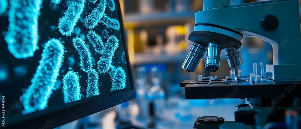 Poster close up microscope image displaying genetically engineered bacterial cells on digital monitor in a 