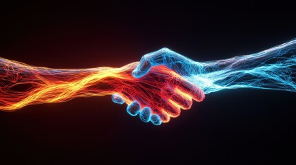 A handshake made of swirling energy between two abstract figures, with glowing lines forming connections between them, trust and mutual benefit in a value exchange