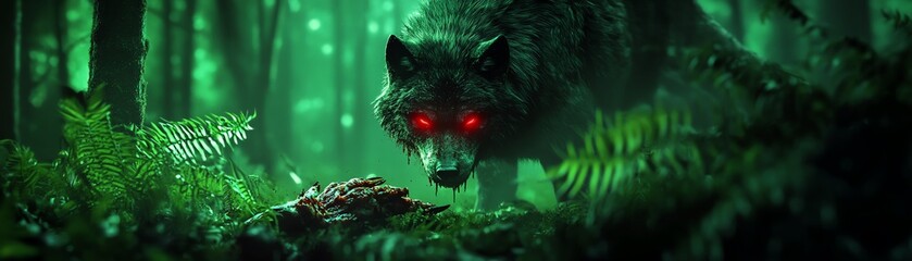 Obraz premium A mystical wolf with glowing red eyes prowls through a lush, dark forest, surrounded by vibrant ferns and eerie shadows.
