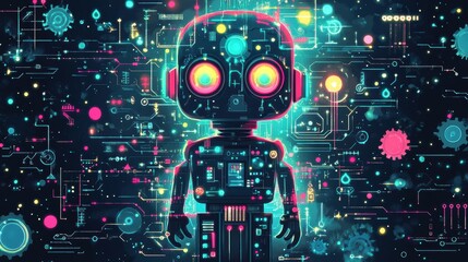 Bright and Charming Smart Robot Solving Puzzle with Gears - Dynamic Flat Illustration with Neon Green, Cobalt Blue, and Pink Tones