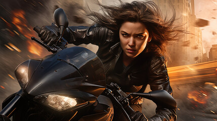 Action shot with woman on the bike riding away from fire and explosion. Dynamic scene in action movie blockbuster style. Generated AI.