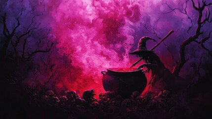 A mystical scene featuring a witch stirring a cauldron surrounded by dark, enchanted woods and vibrant, swirling smoke.