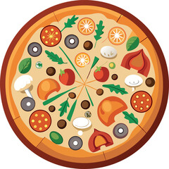 A colorful vector depiction of a round pizza featuring tomatoes, basil and cheese set on a clean white background