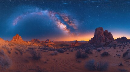 Stunning desert landscape under a starry sky with the Milky Way.