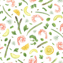 Shrimp, asparagus, beans, herbs, avocado and lemon slices seamless pattern. Flavorful oregano, basil, parsley and dill for seafood. Watercolor healthy food illustration for kitchen textile, 