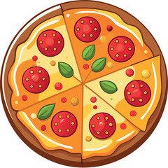 A colorful vector depiction of a round pizza featuring tomatoes, basil and cheese set on a clean white background