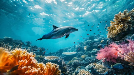 Obraz premium A dolphin gliding through pristine waters of a coral reef a symbol of ocean conservation and health