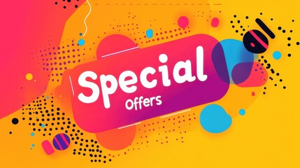 Bright yellow background features a minimalist design promoting special offers with colorful shapes and playful typography