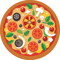 A colorful vector depiction of a round pizza featuring tomatoes, basil and cheese set on a clean white background