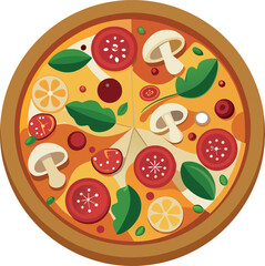 A colorful vector depiction of a round pizza featuring tomatoes, basil and cheese set on a clean white background