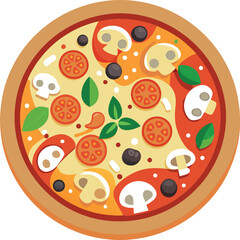 A colorful vector depiction of a round pizza featuring tomatoes, basil and cheese set on a clean white background