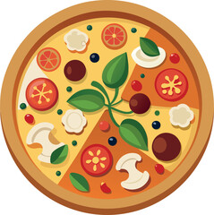 A colorful vector depiction of a round pizza featuring tomatoes, basil and cheese set on a clean white background