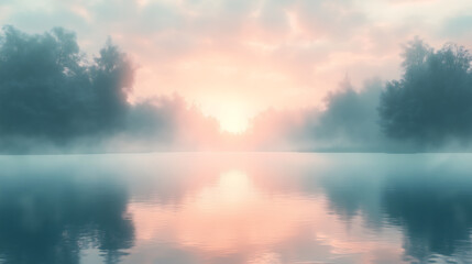 Mist rising over a calm lake at dawn soft pastel colors and serene reflections peaceful and tranquil scene nature
