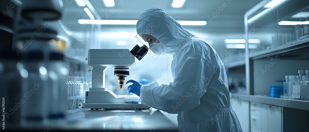 Poster scientist programming advanced robotic equipment in a sterile laboratory setting working on genetic 
