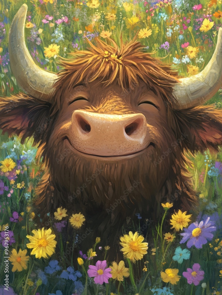 Poster Cow in field of flowers