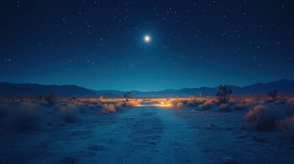Serene desert landscape under a starry night sky with a glowing horizon.
