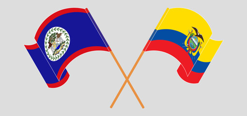 Crossed and waving flags of Belize and Republic of Ecuador. Vector illustration