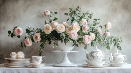 refined tea party banner with bone china and fresh roses for a sophisticated touch to elegant tea party decor