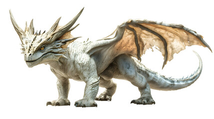 Fototapeta premium Lithe and Fearsome Horned Dragon Isolated on Plain White Background