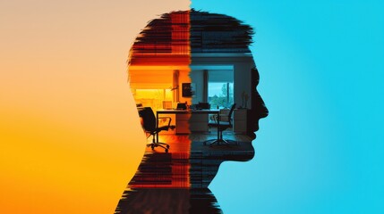 A human silhouette divided into digital pixels, with one half at home and the other in a corporate office, the blending of remote work and traditional office work