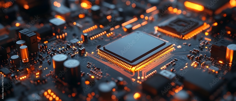 Poster Intricate Robotic Hardware and Electronics Powering Automated Systems  Closeup view of a complex circuit board with microchips processors