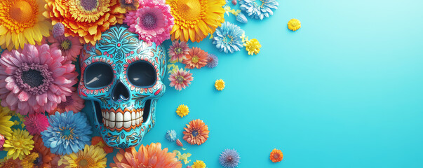 Dia de los muertos festival celebration. Vibrant image of a calavera with colorful flowers on blue background. Traditional sugar skull with decoration background. Mexico tradition and culture.