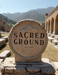Stone Sacred Ground sign with ancient ruins backdrop