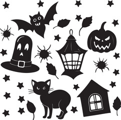Obraz premium Halloween silhouette featuring a castle, bats, and ghosts against a dark background, perfect for festive designs