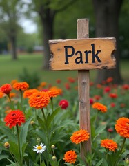 Rustic Park sign with vibrant flower garden backdrop