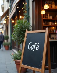 Charming Cafe chalkboard sign with cozy street corner backdrop