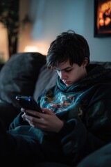 Obraz premium Man on couch with cell phone