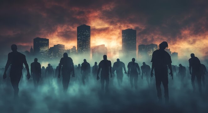Scary undead zombie horde with fog in front of a city skyline background. Halloween and horror concept.