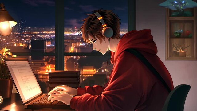 Anime Teen Coder At Night