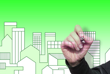 ARCHITECT DESIGNS GREEN CITY OF THE FUTURE - Green building concept - Building activity and construction industry real estate in the age of green constructions