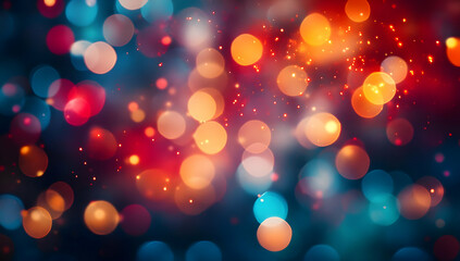 Obraz premium A vibrant abstract background featuring colorful bokeh lights in shades of blue, orange, and red, perfect for festive designs.