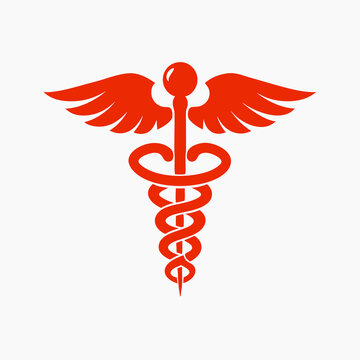 Caduceus symbol representing medicine and healthcare with wings in red color