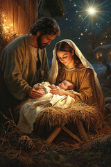 Nativity of Christ. Mary, Joseph and baby Jesus, surrounded by animals and warm light, festive atmosphere, religion of Christmas © shintartanya