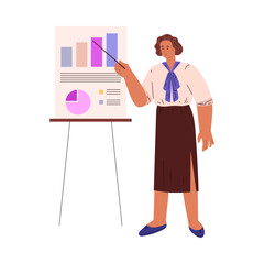 Vector illustration of a business woman showing a graph with diagrams and diagrams