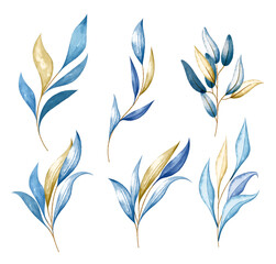 Watercolor foliage branches with leaves,  isolated vector elements on white background.