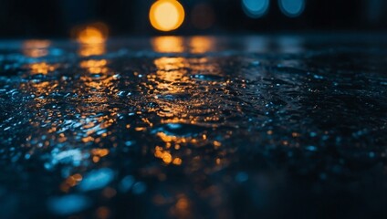 Wet surface reflects a fingerprint with blurred lights in the distance, creating a glow.