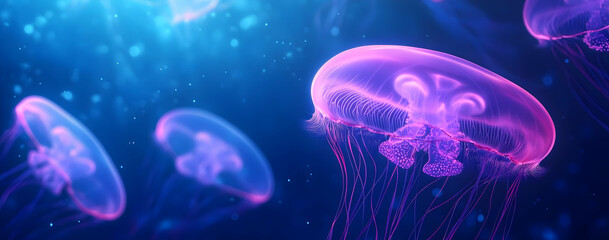 Vibrant jellyfish gracefully float through a serene ocean, showcasing their translucent bodies and bioluminescent colors.